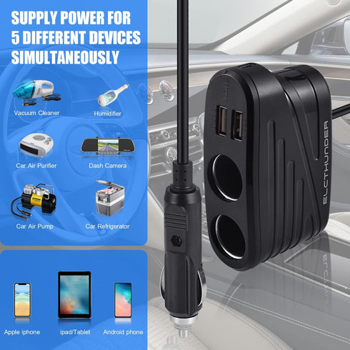Quick Charge 3.0 Cigarette Lighter Splitter, 2-Socket Car Charger with 27 Inches Extension Cable, 120W 12V/24V Car Charge Splitter with PD 20W Typ...