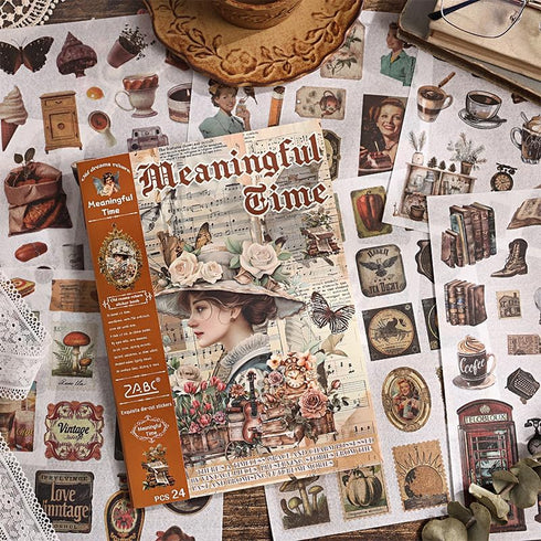 Vintage Washi Stickers Book, 24 Sheets Die-Cut Sticker Book with Meaningful Time Theme for Phone Scrapbook Junk Journal Collage DIY Crafts...