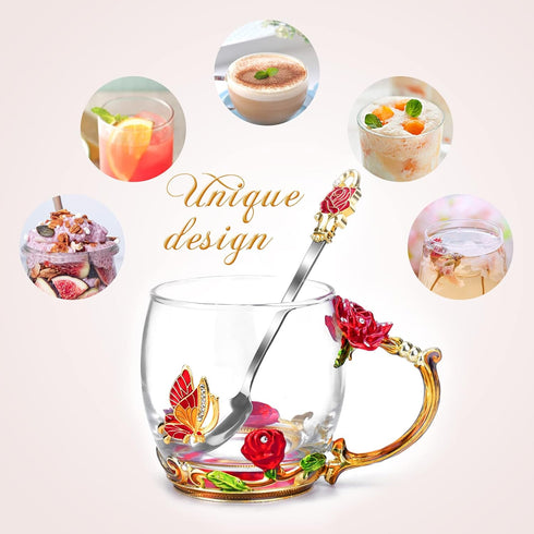 OEAGO Gifts for Mom Women Mothers Day Glass Coffee Enamels Mug Best Birthday Butterfly Rose Gifts for Her from Daughter Son Lead-Free Valentines D...