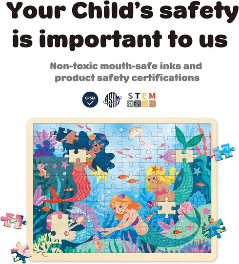 100 Piece Puzzles for Kids Ages 4-8, Wooden Puzzles for Kids Ages 3-5 with Unique Puzzle Pieces, Jigsaw Toddler Puzzles Ages 3-5 with Storage Tray...