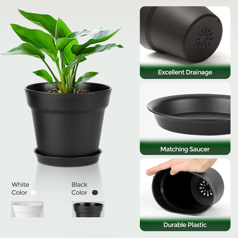 T4U 4 Inch Plant Pots 8-Pack - Small Plastic Planter with Drainage Hole and Saucer, Decorative Nursery Pot Bulk for African Violet, Snake Plant, S...