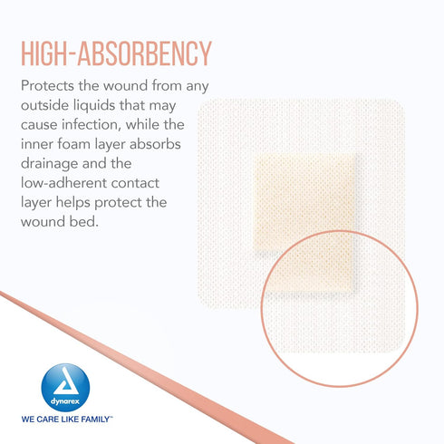 Dynarex Dynafoam Waterproof Bordered Adhesive Foam Wound Dressing Bandage, 4" x 4", 10 Count...