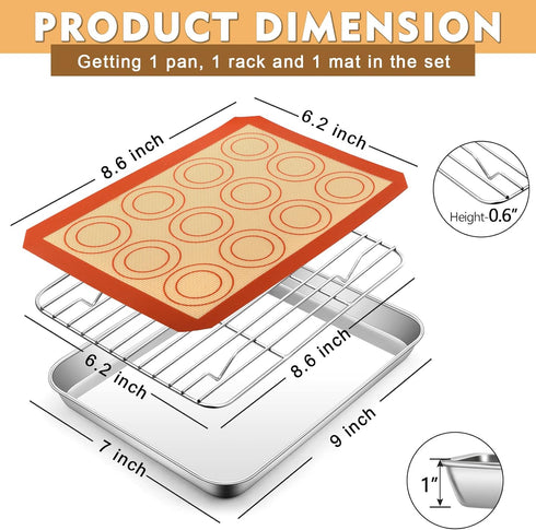 Mini Toaster Oven Pan with Rack & Mat Set, P&P CHEF 9 Inch Stainless Steel Small Toaster Oven Tray with Wire Rack & Silicone Mat for Small Oven & ...