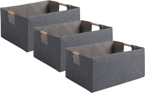 Fabric Storage Bin Box Foldable Cotton Linen Storage Basket with Wooden Handles Rectangular Cube Decorative Home Laundry Organizer Clothes Blanket...
