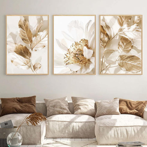Abstract Golden White Flower Leaves Wall Art Posters Nordic Beige Canvas Painting, Modern Plant Landscape Prints Picture for Living Room Home Deco...