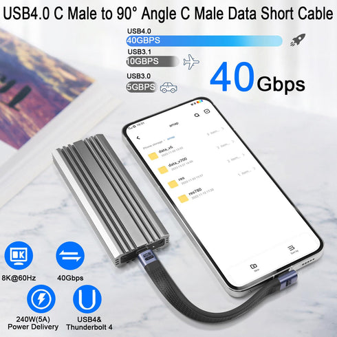 QIANRENON 40Gbps USB4.0 C Male to 90° Angle C Male Data Short Cable 240W USB Type C 4.0 PD Fast Charging Flat Flex Cable, for Thunderbolt 3/4 Smar...