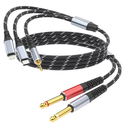 Lightning to Dual 6.35mm 1/4" TS Mono Stereo Y-Cable Splitter,3 in 1 to Dual 1/4-inch Audio Cable, Compatible with smartphones, computers, phones/...