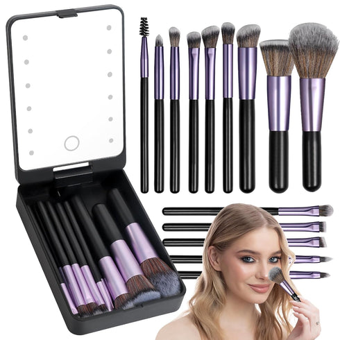 Travel Makeup Brush Set with LED Mirror, Professional and Mini Makeup Brushes Set 14Pcs, Eye Shadows Makeup Set Storage Box (Purplish Black)...