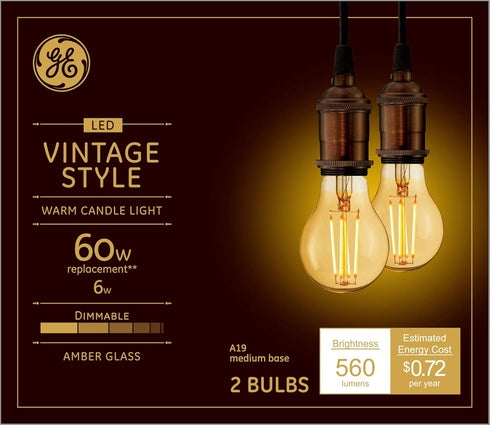 GE Lighting Vintage Style LED Light Bulbs, 6 Watts (60 Watt Equivalent) Warm Candle Light, Amber Glass, Medium Base, Dimmable (2 Pack)...