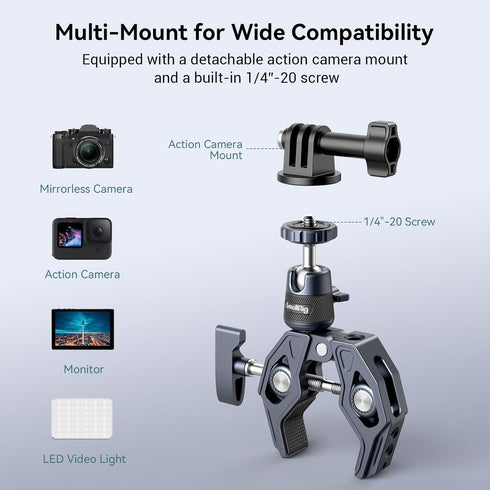 SMALLRIG Camera Mount Clamp, Gopro Motorcycle and Bike Handlebar Mount Kit, Super Clamp for DSLR, Action Camera, Gopro, Insta360, LED Light, Monit...