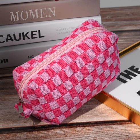 2 Pieces Makeup Bag Pouch Checkered Cosmetic Bag Pink Green, Travel Toiletry Bag Organizer Cute Makeup Brushes Storage Bag for Women...