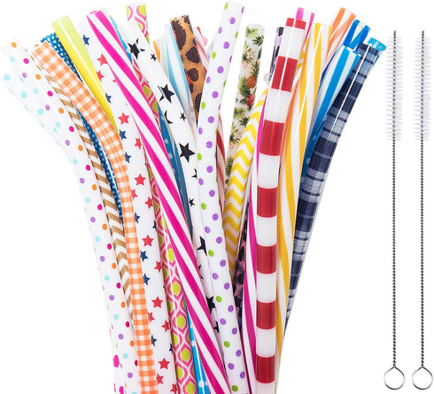 50 Pack Bent Reusable Straws, BPA-Free, 9" Colorful Hard Plastic Stripe Drinking Straw for Mason Jar Tumbler, Family or Party Use With Cleaning Br...