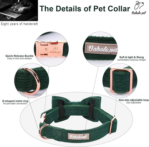 Green Dog Collars for Small Dog,Cute Corduroy Dog Collar with Bow Tie Safety Metal Buckle Adjustable Puppy Collars for Small Medium Large Boy&Girl...