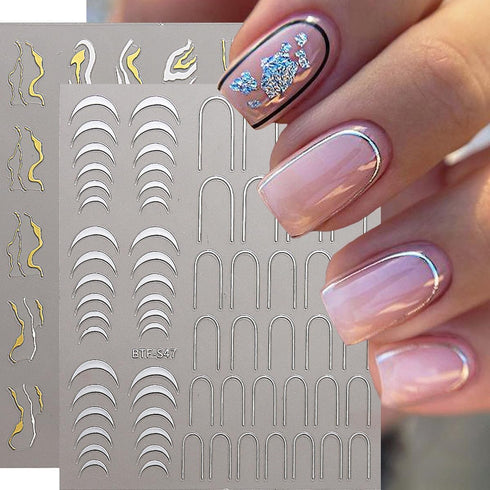 Gold Nail Art Stickers Metallic Line Nail Decals 3D Self-Adhesive Gold Silver Curve Stripe Wave Nail Design Luxury French Tip Manicure Nail Art Su...