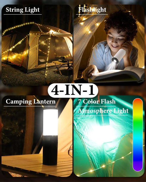 Camping String Lights, 4 in 1 Outdoor String Lights with 9 Light Modes(50Ft), LED String Lights Waterproof IPX6 Portable Camping Lantern Rechargea...