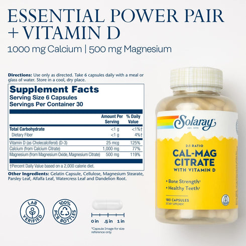 SOLARAY Calcium & Magnesium Citrate 2:1 Ratio w/Vitamin D-3, Healthy Bones, Muscle & Nervous System Support, High Absorption 180 Capsules...