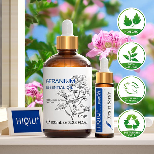 HIQILI 100ML Geranium Essential Oil for Skin, Diffuser & Candle, 100% Pure and Natural - 3.38 Fl. Oz...