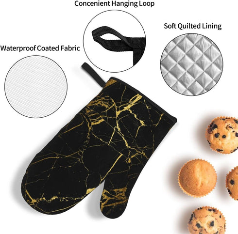 Black Gold Marble Oven Mitts and Pot Holders Heat Resistant Oven Gloves Safe Cooking Baking Grilling...