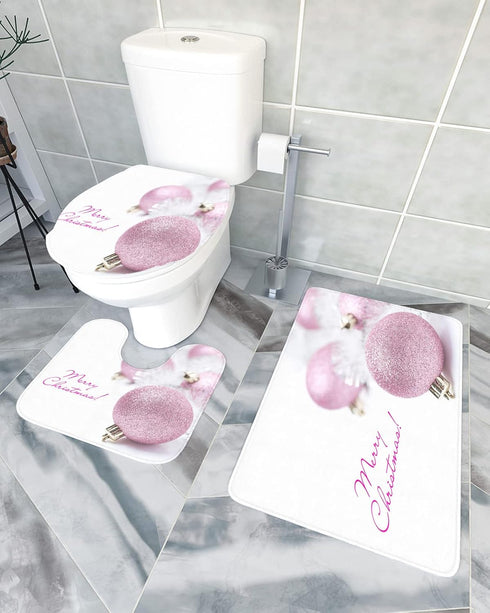 Savannan 3 Piece Christmas Bathroom Rug Set, Merry Christmas Pink Ball Decoration Soft Absorbent Bath Shower Mat, Contour Mat, Toilet Lid Cover wi...