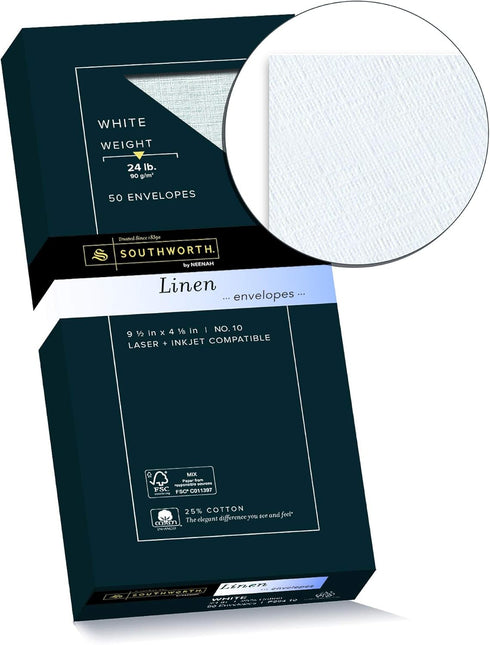 Southworth 25% Cotton #10 Envelopes, 4.125" x 9.5", 24 lb/90 GSM, Linen Finish, White, 50 Count - Packaging May Vary (P554-10)...