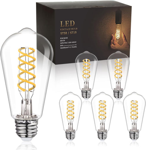 E26 Base Spiral LED Bulb, Daylight White 4000K, ST58/ST19 Antique LED Filament Bulbs with 80+ CRI, 600 LM, 6W Equivalent to 60W, Antique Plastic S...