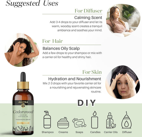 Avatra Cedarwood Essential Oil for Hair, Skin & Aromatherapy | Natural Oil for Diffuser, Soap & Candle Making | Premium Grade with Glass Dropper |...