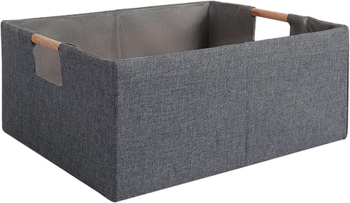 Fabric Storage Bin Box Foldable Cotton Linen Storage Basket with Wooden Handles Rectangular Cube Decorative Home Laundry Organizer Clothes Blanket...