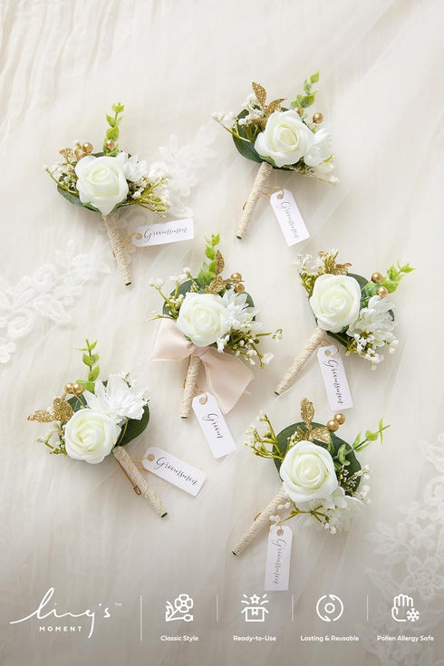 Ling's Moment Boutonniere for Men, 6pcs Groom Groomsmen Boutonniere, Artificial Flowers for Wedding Decor/Prom/Homecoming, etc.White Baby Breath I...