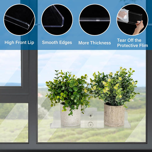 2Packs Window Shelf for Plants Indoor, 12inch Acylic Clear Floating Wall Shelf Decor, Window Sill Extender for Flower Pots, Self-Adhesive Wall Han...