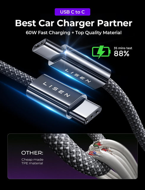 LISEN 95W USB C Car Charger Fast Charging PD65W Super Fast Charging Car Phone Charger Adapter Type C All Metal Cigarette Lighter USB Charger Adapt...