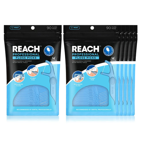 REACH Interdental Flosser Pick Floss Bundle | Acute Angle for Better reach | Dented for Better Grip, PFAS Free | 90 Flossers (Pack of 6)...