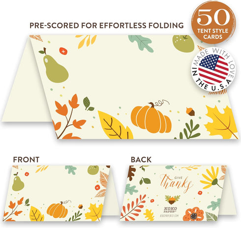 Koko Paper Co Thanksgiving Place Cards with Pumpkin and Autumn Foliage. Pack of 50 Tent Style Cards for Thanksgiving and Other Fall, Autumn Events...