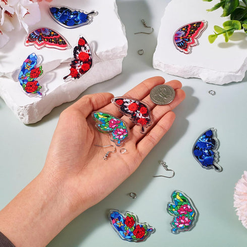 Beadthoven DIY 5 Pairs Rose Butterfly Dangle Earrings Making Kit Retro Flower Printed Acrylic Charms Pendants with Earring Hooks Jump Rings Women ...