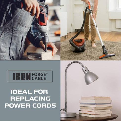Iron Forge Cable 16 AWG Replacement Power Cord with Open End - 10 Ft Black Extension Cable, 2 Wire 16/2 SJT...