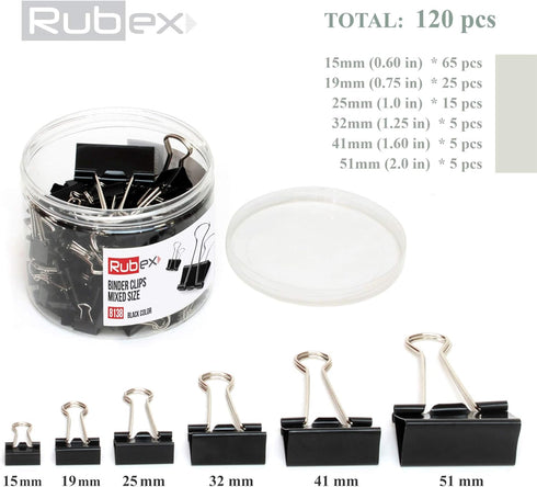 120 RUBEX Binder Clips, Black Color and Mixed Size: Small Medium Large Binder Clips, Binder Clips, Paper Binder Clips, Big Metal Paper Clamps for ...