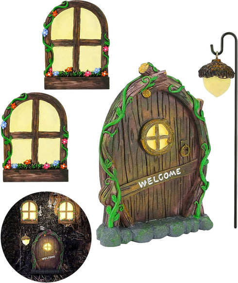 Resin Fairy Door & Window Set with Glow in The Dark Windows, Miniature Sculpture for Trees, Outdoor Decor Accessories...
