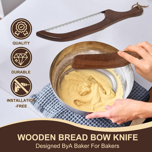 Wiz&Quirkz Bread Bow Knife with Cover and Wood Sourdough Spatula, Walnut Handle Stainless Steel Serrated Bread Knife for Homemade Bread, Long Brea...