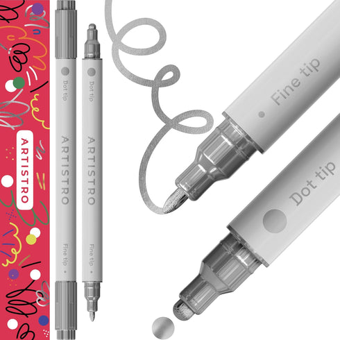 2 Metallic Silver Acrylic Paint Pens, Acrylic Paint Markers Dual Tip (Fine 1mm + Dot 5mm), Acrylic Markers for Fabric, Canvas, Rock, Glass, Wood, ...