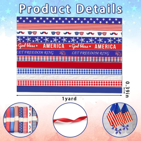 Hying 12 PCS 4th of July Patriotic Ribbons, 3/8" Width Patriotic Grosgrain Ribbons American Stars Craft Ribbon Red Blue Buffalo Plaid Ribbons for ...