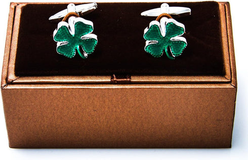 Clover Green Irish Ireland Shamrock 4 Leaf Pair Cufflinks in a Presentation Gift Box & Polishing Cloth...