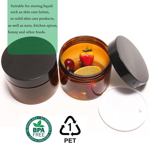 2pcs 8oz Amber Plastic Cosmetic Jars,Wide Mouth Refillable Containers with Lids for Cream, Lotion, Powder, ointment, Bath Salt and Body Butter etc...