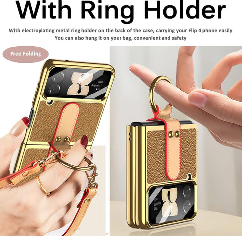 Miimall for Samsung Galaxy Z Flip 4 Case with Strap Ring Holder, Luxury Leather with Electroplating Frame Cover Built-in Camera Lens Film Lanyard ...