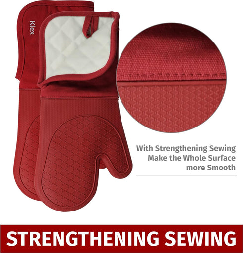 Klex Extra Long Silicone Oven Mitts, 932°F Degrees Heat Resistance with Quilted Cotton Liner Oven Gloves, 2 Piece Set, 15 inch, Red...