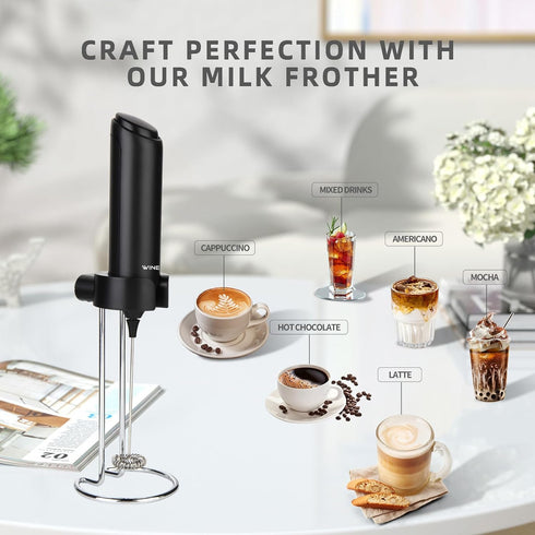 Rechargeable Handheld Electric Milk Frother with USB C Charging Stand for Lattes- Powerful Whisk Drink Frother Wand for Coffee, Hot Chocolate, Cap...