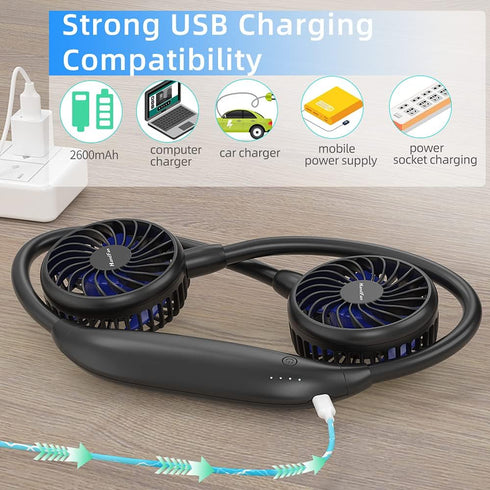 Portable Neck Fan 2600mAh, Necklace Fan Battery Operated, Wearable Fan Rechargeable Ultra Quiet, Hands-Free Fan 360° Adjustable, Strong Airflow fo...
