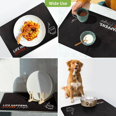 Designer Coffee Pot Mat Dish Drying Mat - 16x24 Trimmable, PU Leather Surface & Rubber Backed, Kitchen Countertop Protector, Super Absorbent, Heat...
