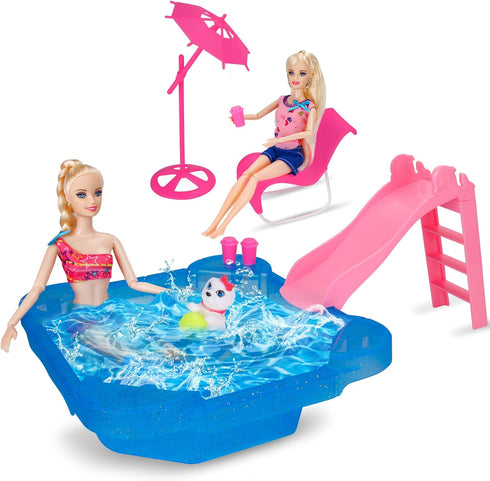 BETTINA Pool Playset - Glam Pool with Slide, Doll Pool Accessories includes Beach Chair, Beach Umbrella, Dog, Swimming Pool Set for 12 Inch Dolls,...