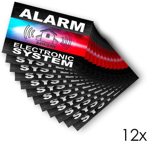 Alarm deterrent stickers - System Electronic - Police Beacon - Pack of 12 - Dimensions 8.5 x 5.5 cm, Black, Red, Blue and White...