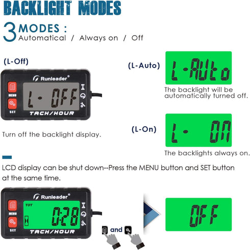 Runleader Hour Meter Tachometer, Maintenance Reminder, Alert RPM Reminder, Multi-Color Backlit Display,Initial Hours Settable, Use for Lawn Mower ...