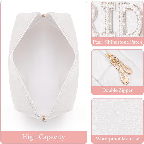 Etercycle Bride Letter Makeup Bag, Bride To Be Gifts Bling Pearl Rhinestone Patch Cosmetic Bag, Waterproof PU Travel Toiletry Bag for Bachelorette...